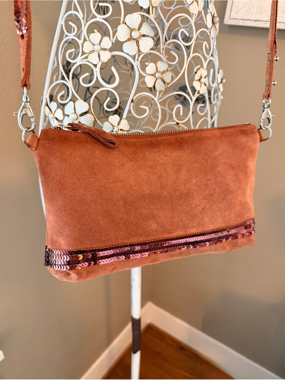 Vanessa Bruno Terracotta Suede Crossbody Bag with Sequin Trim